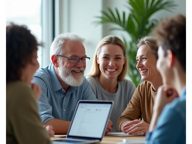 A diverse group of adults happily engaged in a casual discussion or online forum, representing a vibrant wellness community.