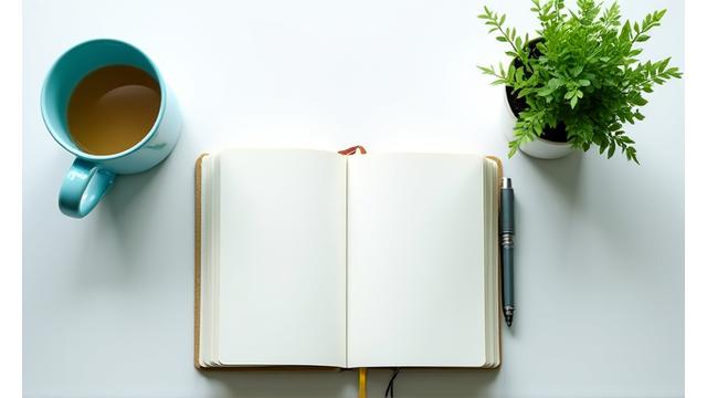 A minimalist desk setup with an open notebook, a pen, and a plant, devoid of digital devices, to symbolize a digital detox.