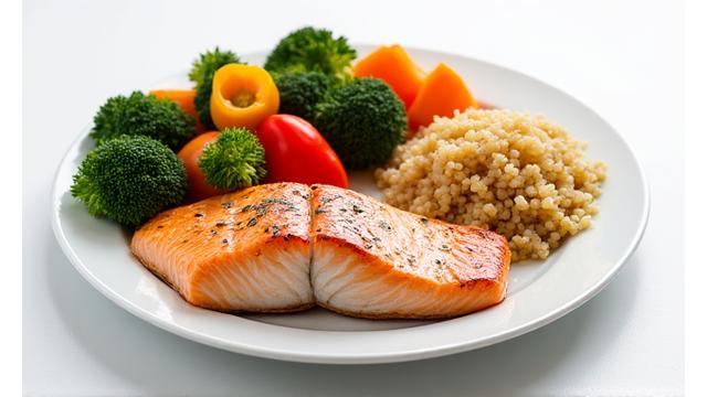 A balanced plate of colorful, healthy food, emphasizing portion control and diverse nutrients, with a focus on functional nutrition for sustained energy.