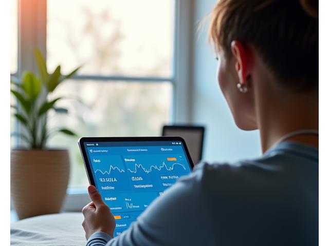 An adult looking at a tablet with health data, symbolizing reliable health information and daily insights. Color palette: dominant primary blue and accent orange.