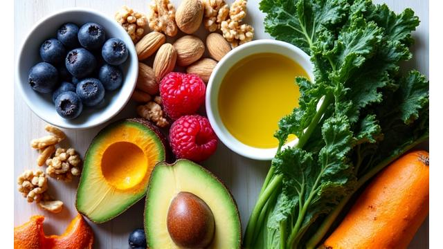 A vibrant selection of colorful, nutrient-rich anti-inflammatory foods like berries, leafy greens, and nuts, arranged artfully.