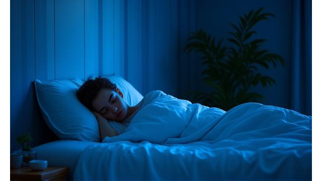 A serene bedroom scene with soft blue lighting and a person sleeping peacefully, symbolizing sleep optimization.