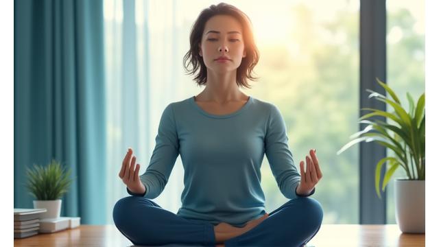 A person calmly meditating or doing a quick breathing exercise in a modern office environment, illustrating stress relief techniques.